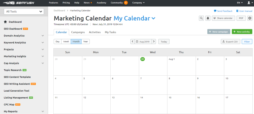 marketing calendar urgency SEMrush