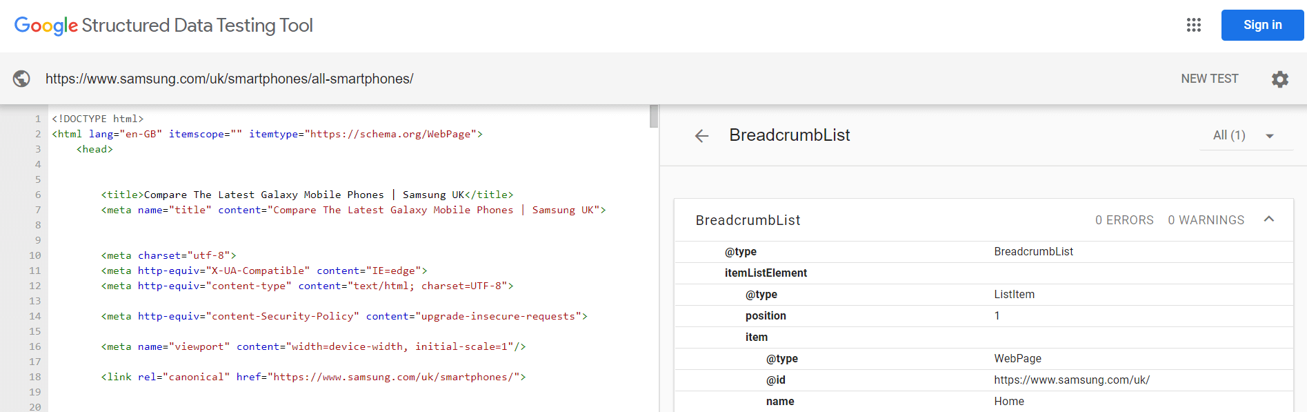 Breadcrumbs structured data testing tool
